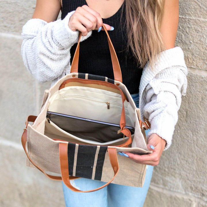 Canvas &amp; Vegan Leather Stripe Tote Bag with Crossbody Strap