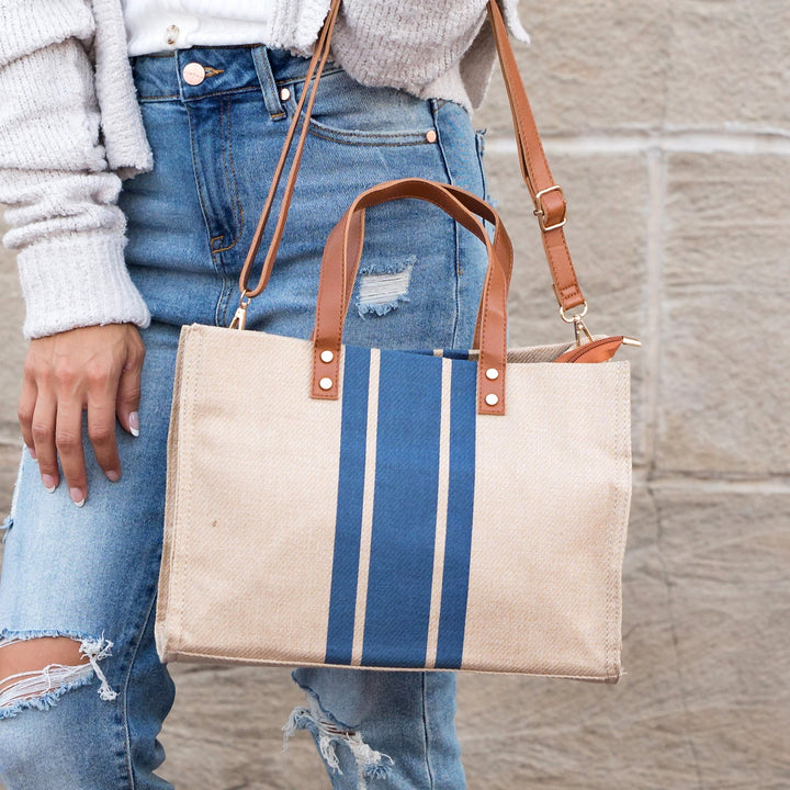 Canvas &amp; Vegan Leather Stripe Tote Bag with Crossbody Strap