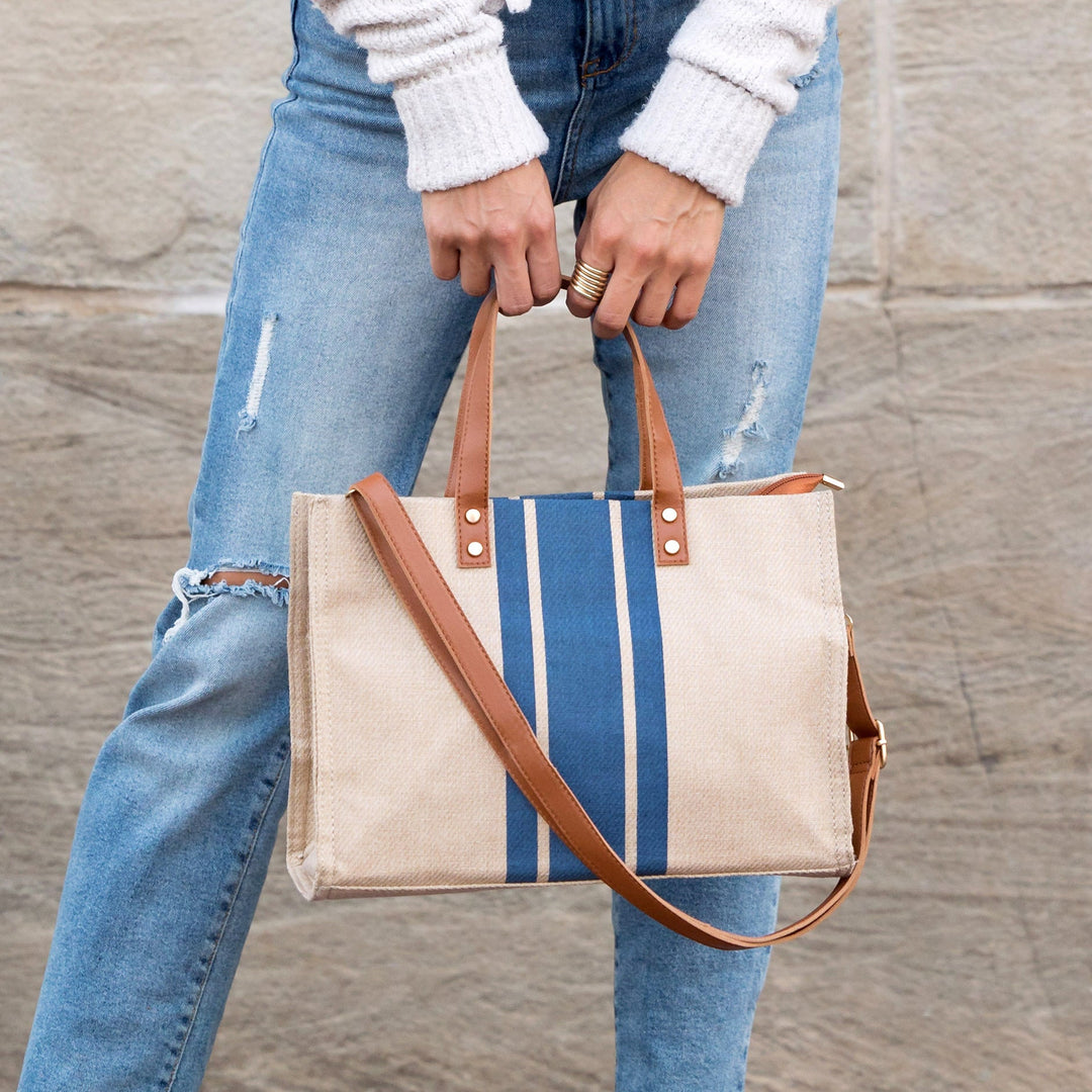 Canvas &amp; Vegan Leather Stripe Tote Bag with Crossbody Strap