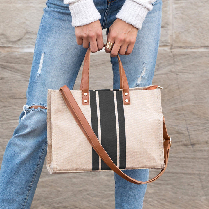 Canvas &amp; Vegan Leather Stripe Tote Bag with Crossbody Strap