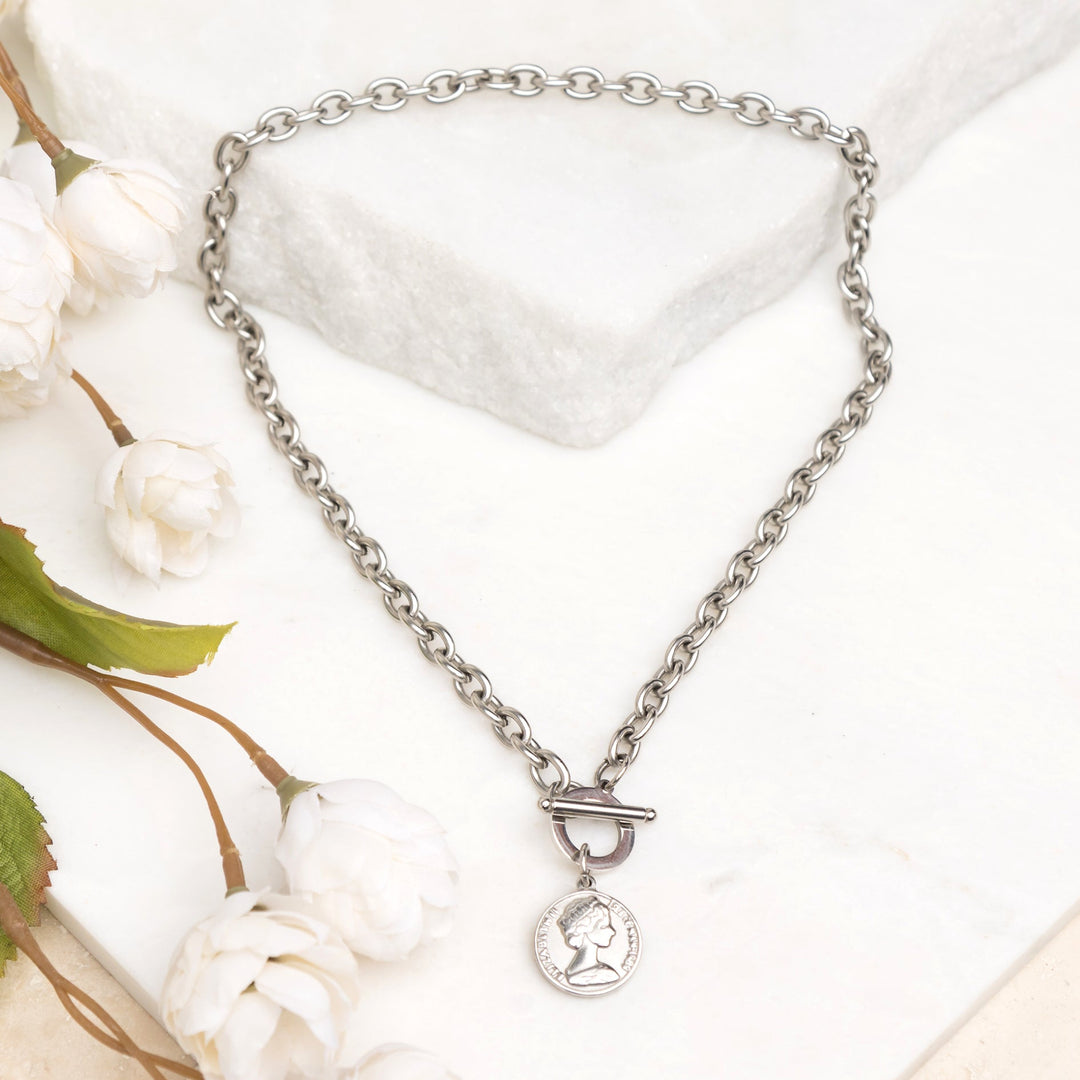 Coin Pendant Toggle Chain Necklace | Tarnish-Free Stainless Steel