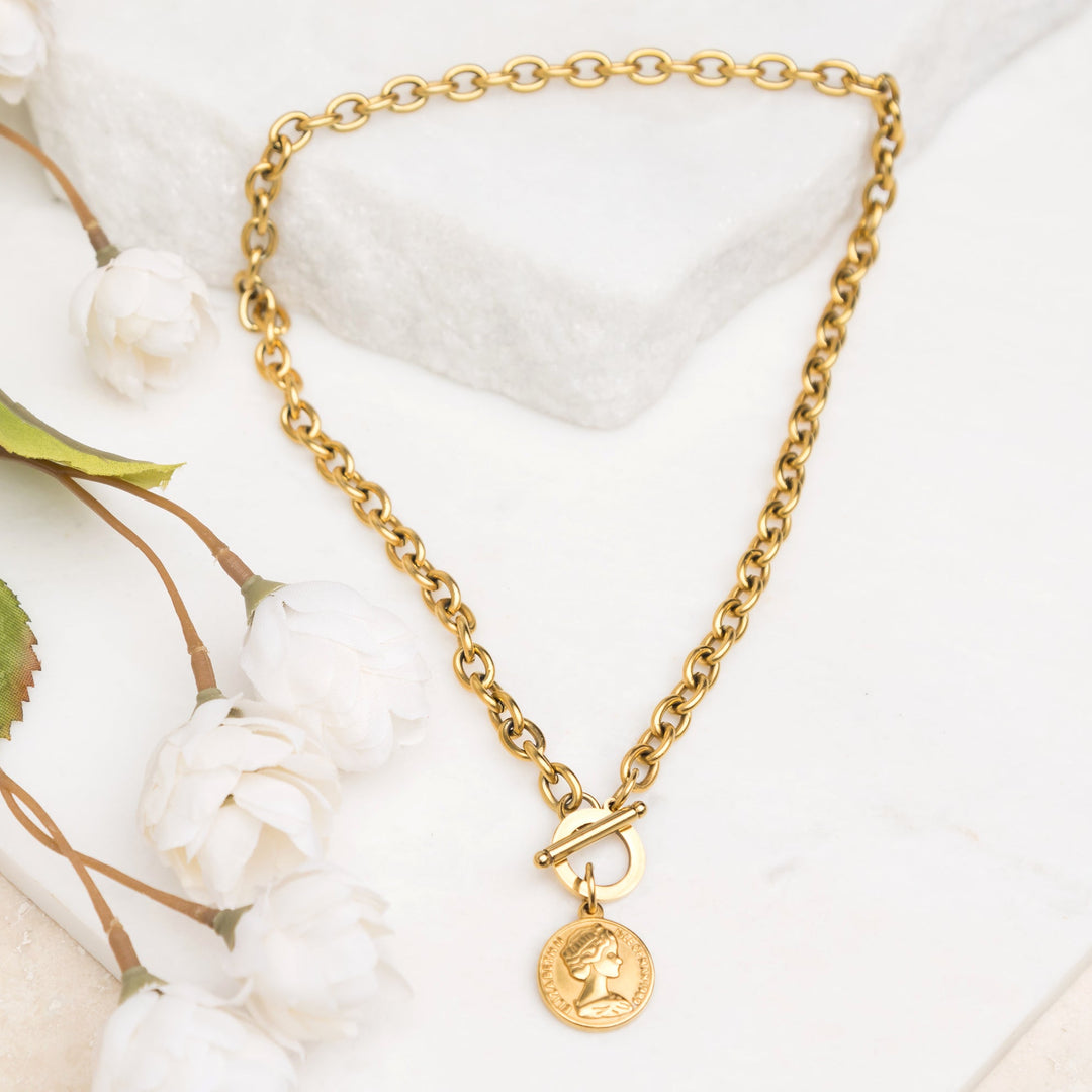 Coin Pendant Toggle Chain Necklace | Tarnish-Free Stainless Steel