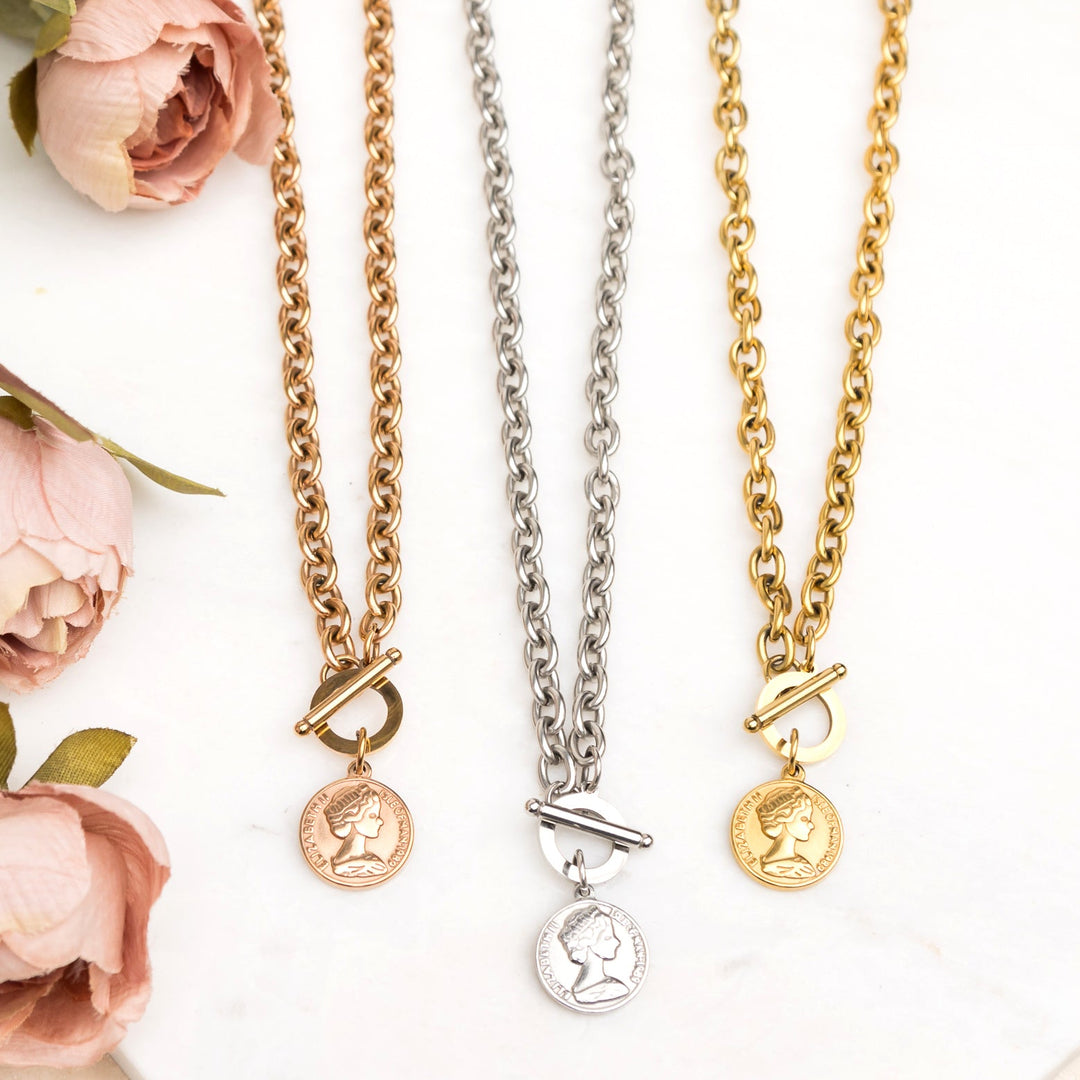 Coin Pendant Toggle Chain Necklace | Tarnish-Free Stainless Steel