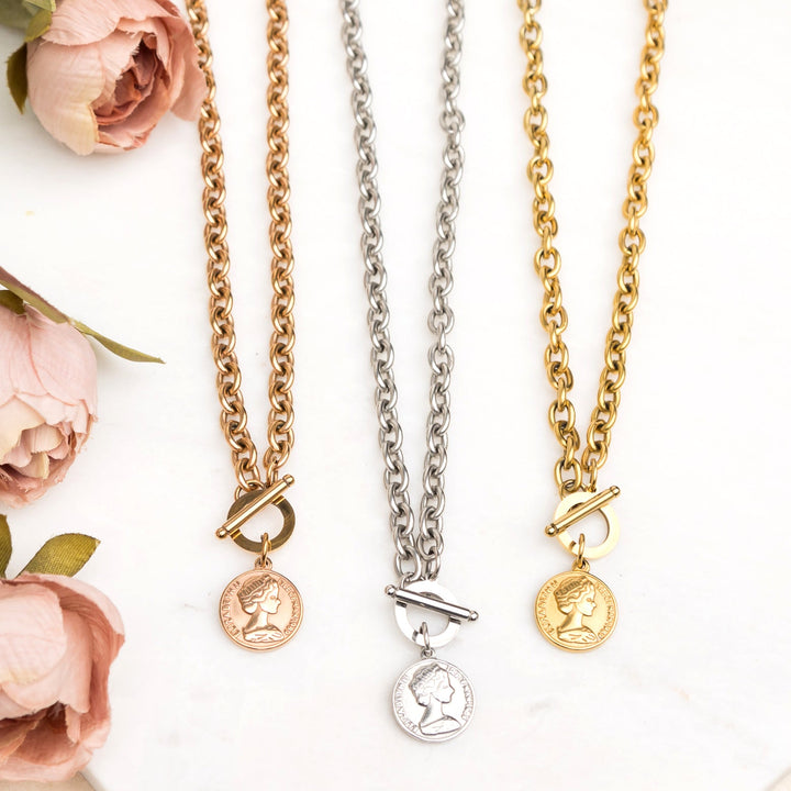 Coin Pendant Toggle Chain Necklace | Tarnish-Free Stainless Steel