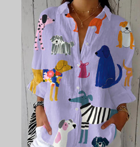 3D Floral Print Lapel Blouse | Stretch Cardigan Top
