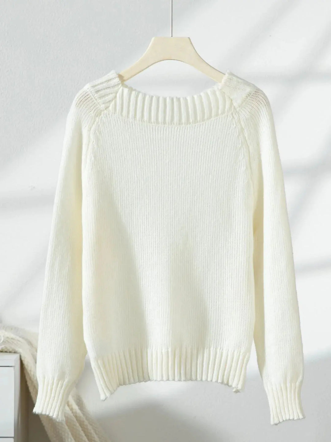 White Ribbed Knit Boat Neck Sweater