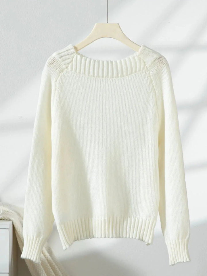 White Ribbed Knit Boat Neck Sweater
