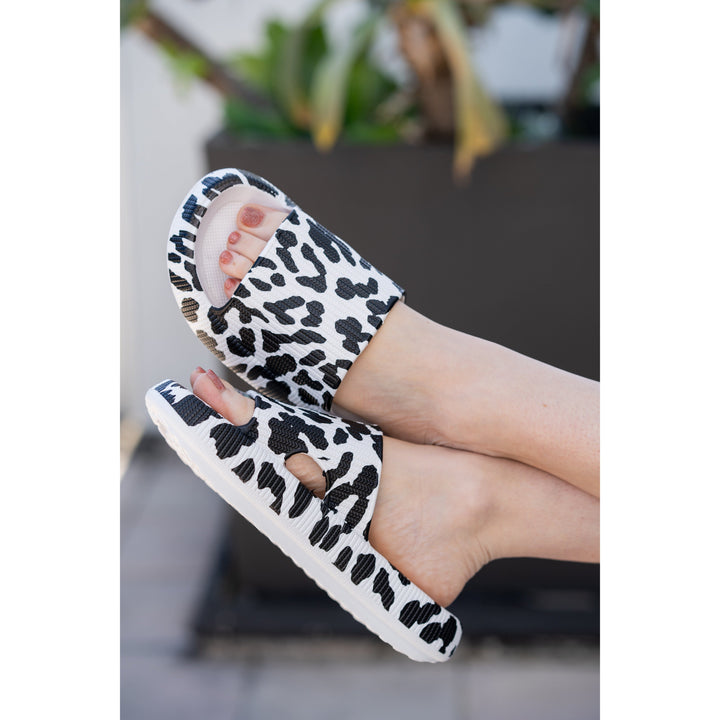 White Leopard Slides