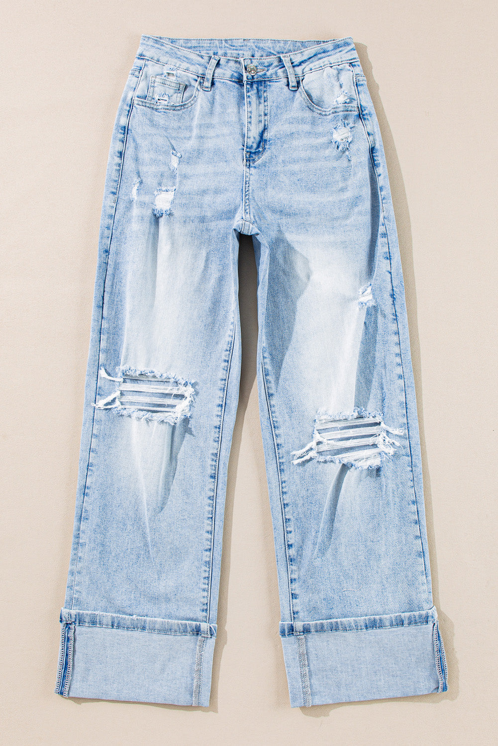 Light Wash Distressed Cuffed Wide Leg Jeans