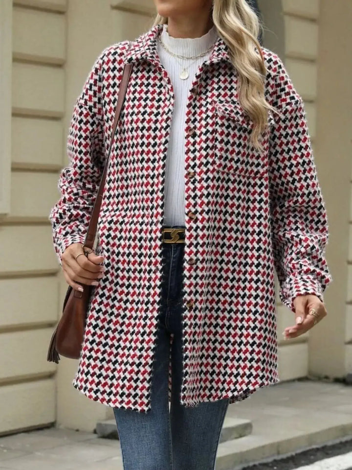 Houndstooth Longline Coat | Button-Up Long Sleeve Jacket