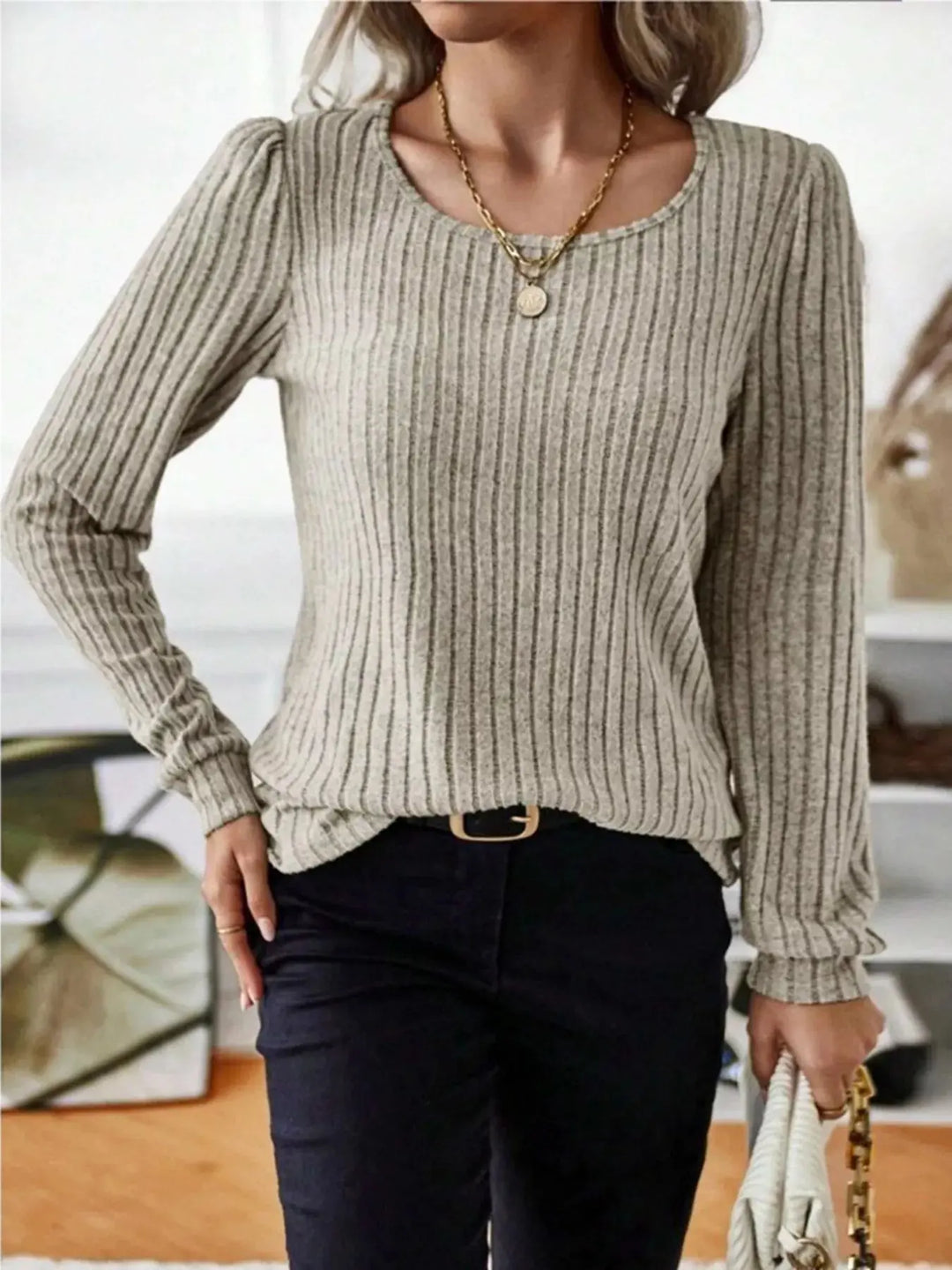 Ribbed Knit Puff Shoulder Long Sleeve Top
