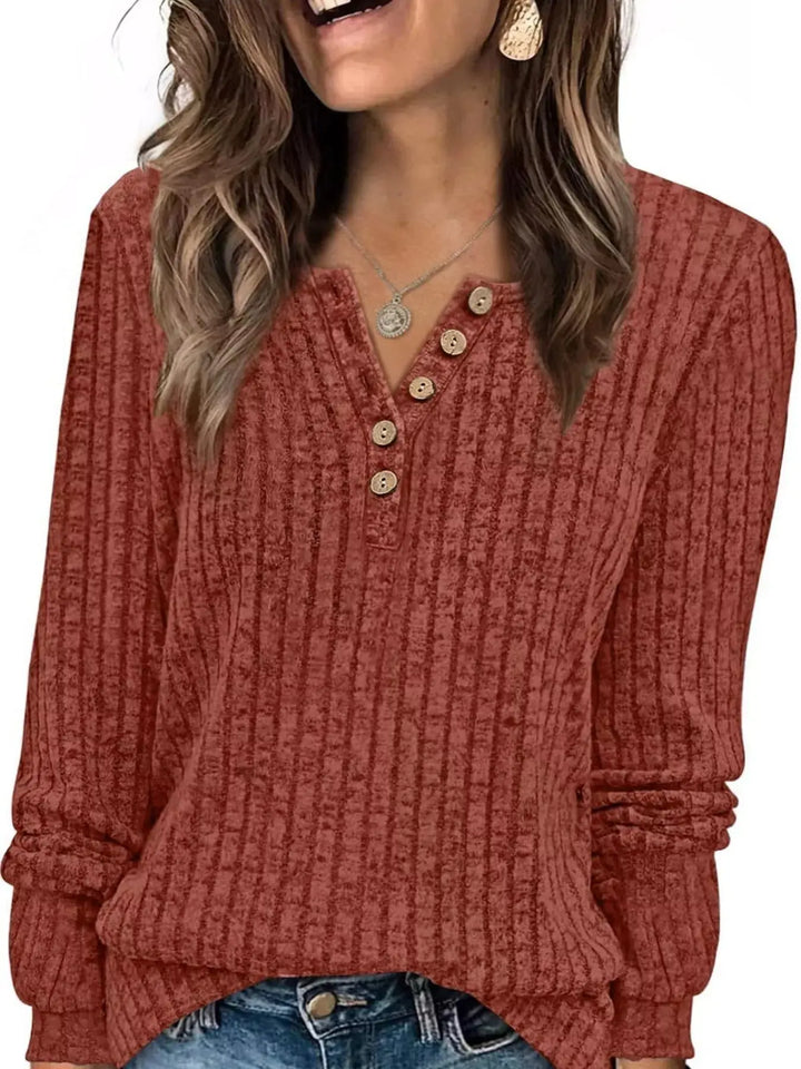 Ribbed Knit Button-Front Long Sleeve Top