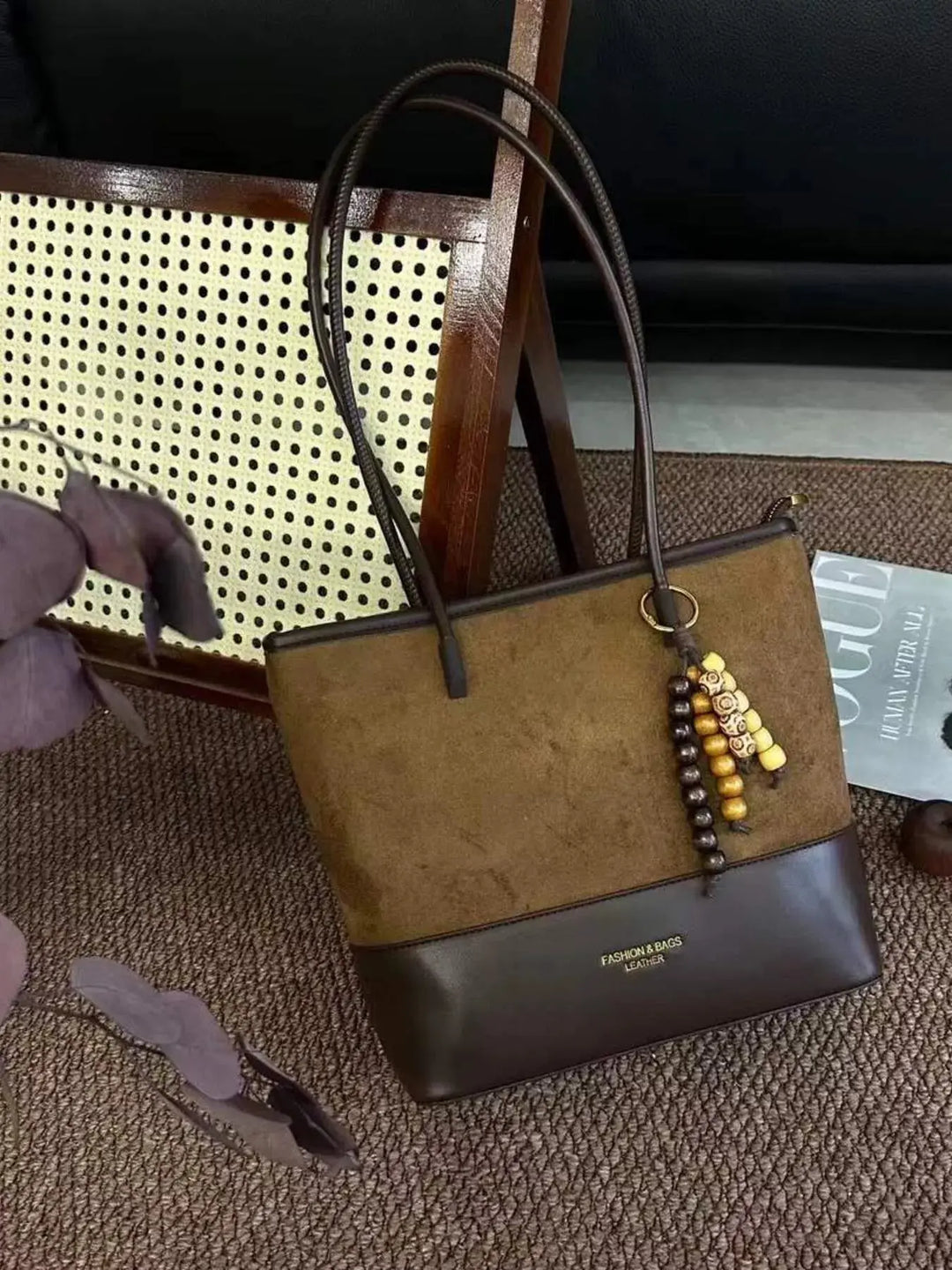 Color Block Suede Shoulder Bag with Wooden Bead Charm