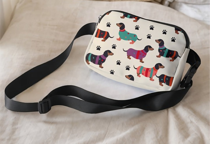 Dachshund Print Crossbody Bag - Dog Lover Zip Closure Purse with Adjustable Strap