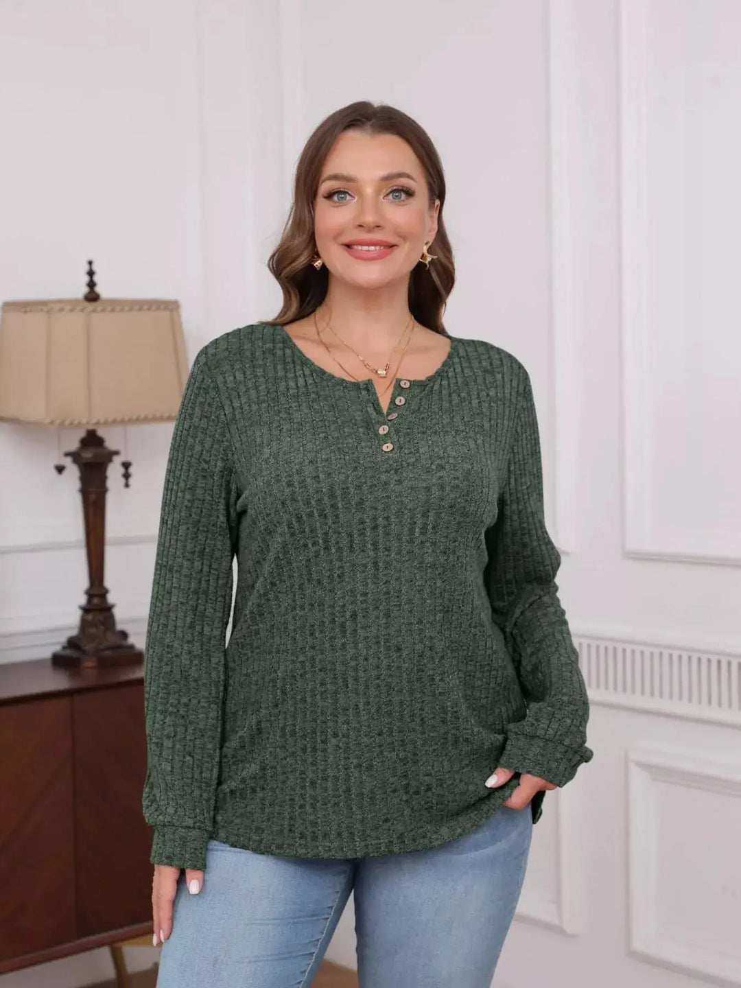 Ribbed Knit Button-Front Long Sleeve Top