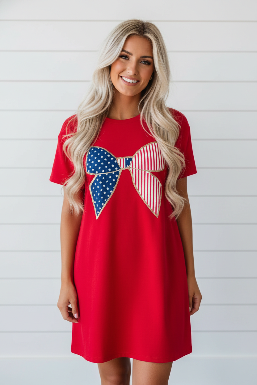 Stars &amp; Stripes Bow Sequin Trim Mini Dress