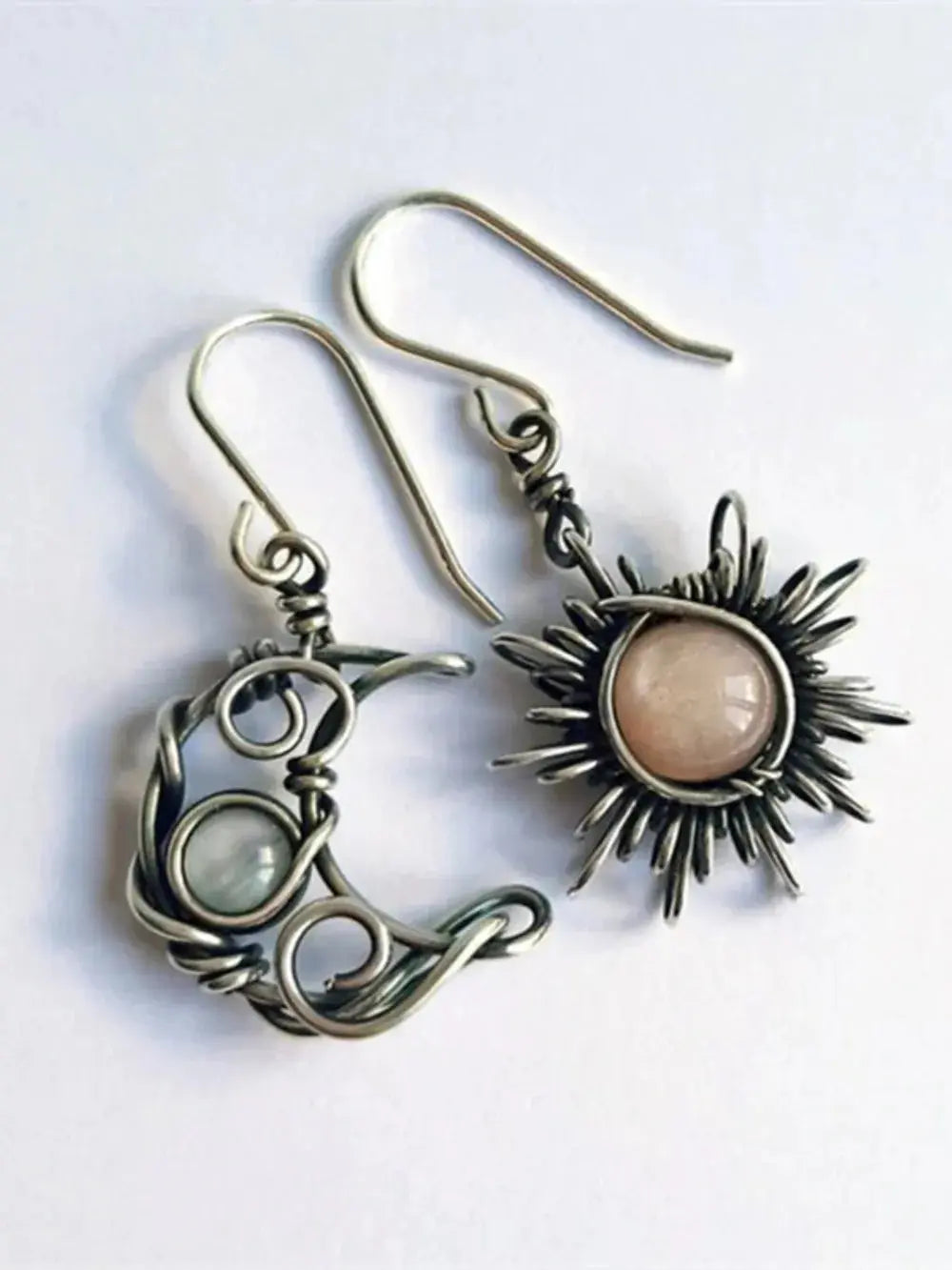 Moonstone Sun &amp; Moon Celestial Drop Earrings | Mismatched Boho Dangle