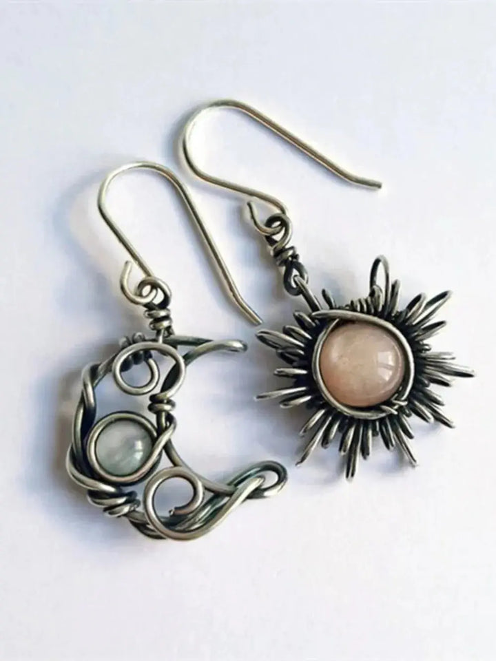Moonstone Sun &amp; Moon Celestial Drop Earrings | Mismatched Boho Dangle