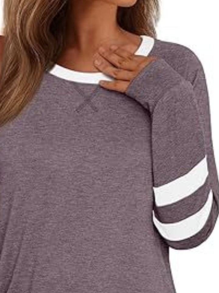 Striped Sleeve Long Sleeve Tee | Casual Round Neck Top