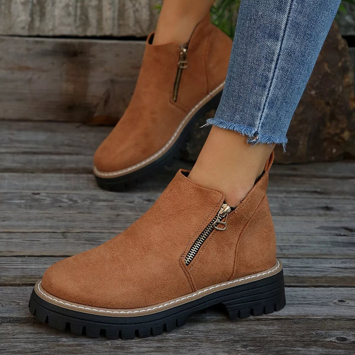 Faux-Fur-Lined Suede Ankle Boots with Zipper Detail
