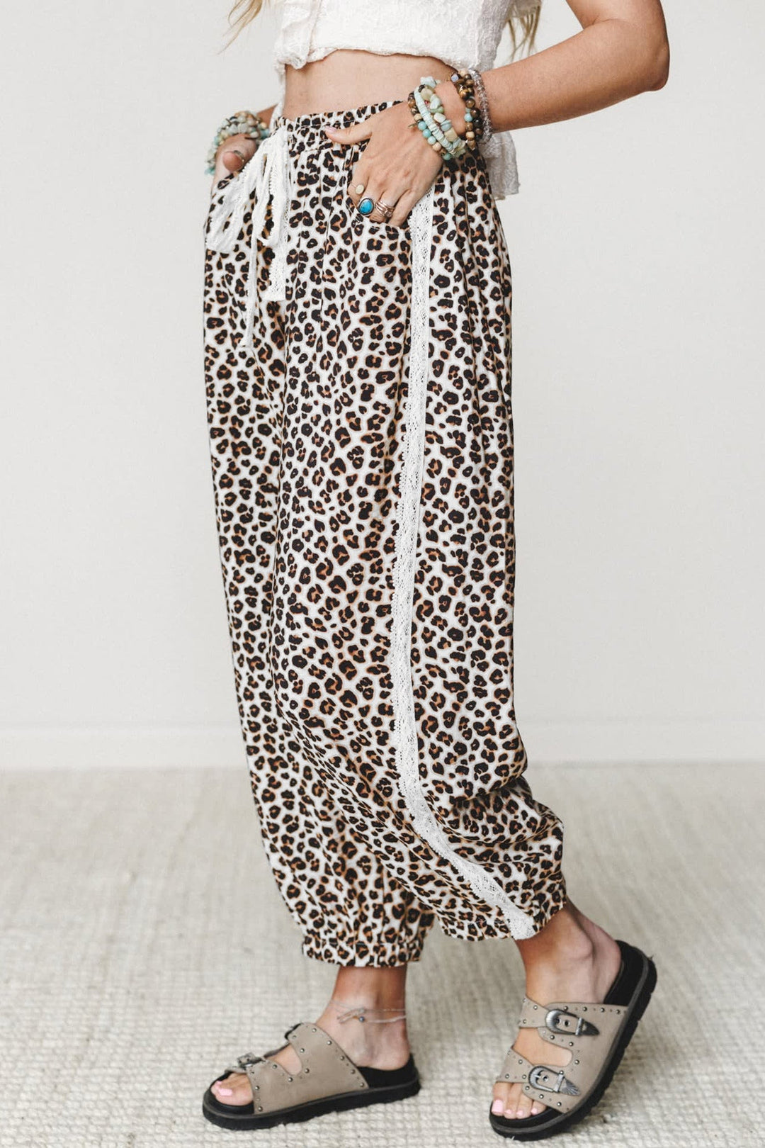Leopard Print Jogger Pants with Elastic Waist &amp; Side Stripe