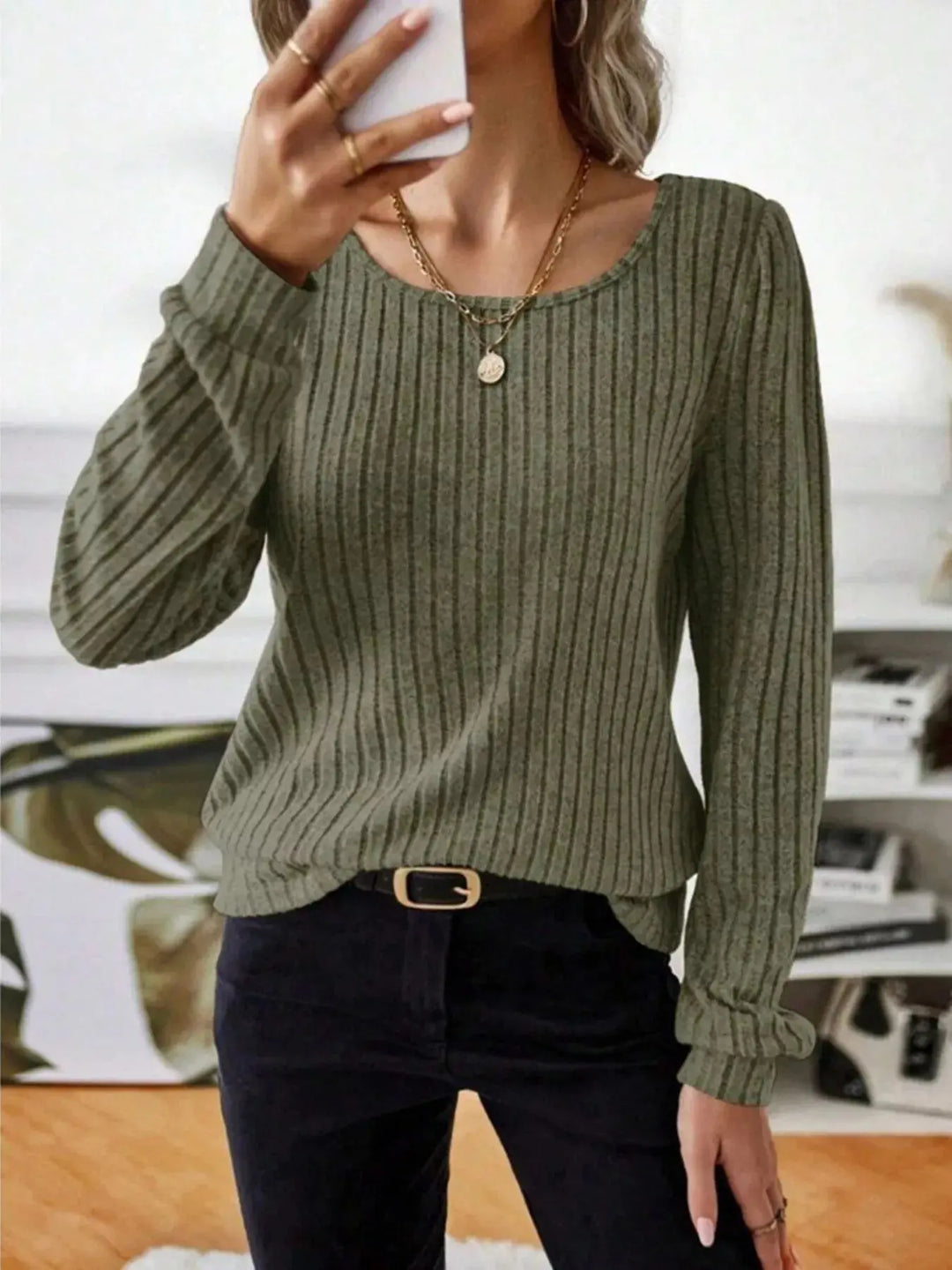 Ribbed Knit Puff Shoulder Long Sleeve Top