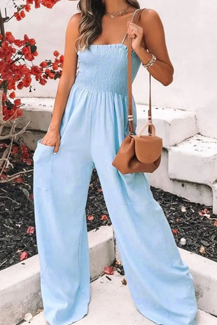 Smocked Spaghetti Strap Wide-Leg Jumpsuit