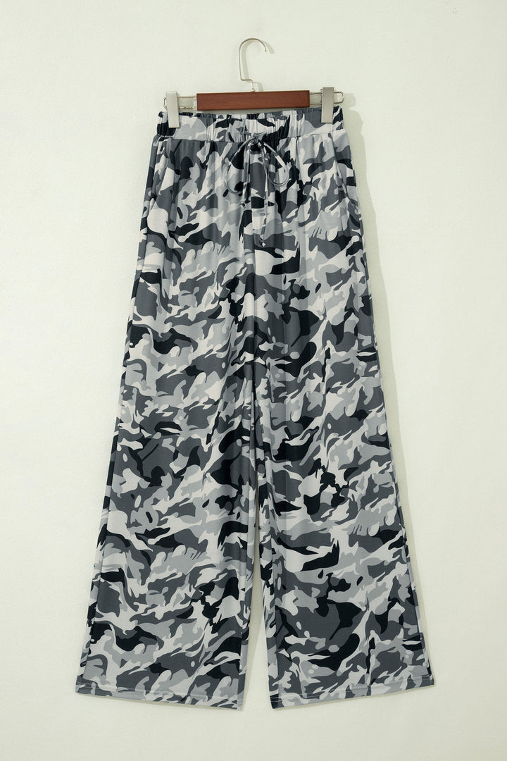 Camo Drawstring High Waist Wide Leg Pants