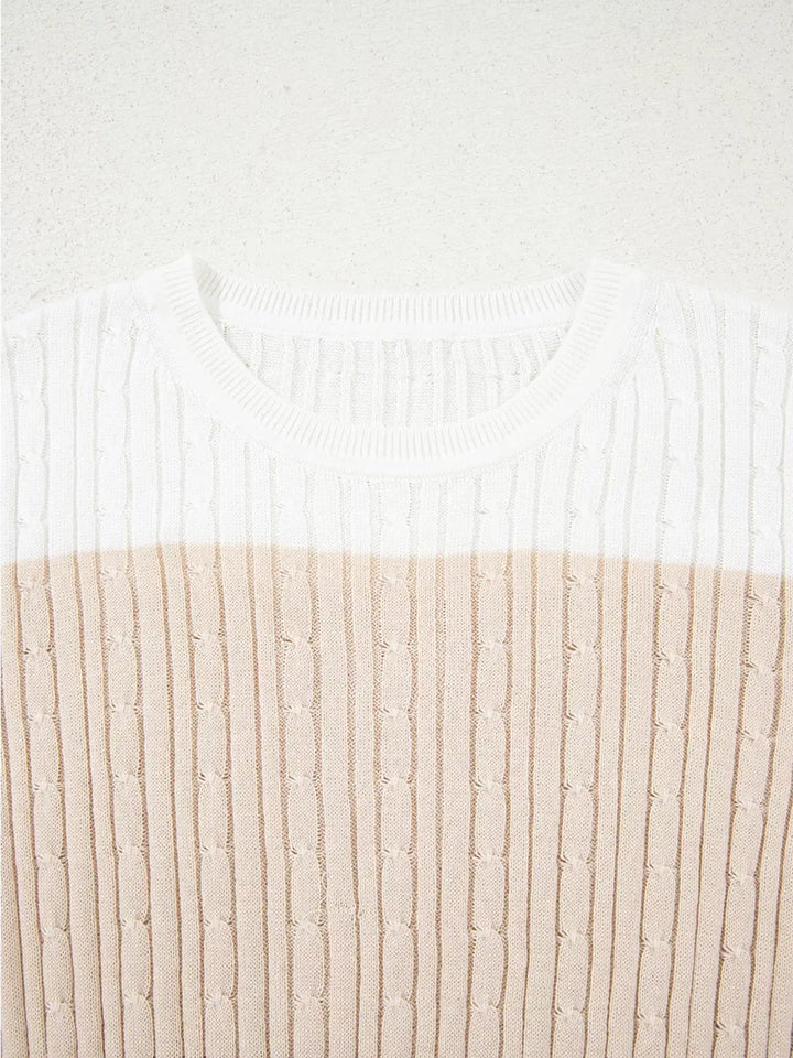 Colorblock Cable Knit Sweater | Round Neck Cozy Knit Top