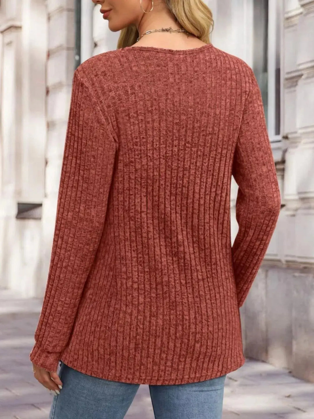 Ribbed Knit Button-Front Long Sleeve Top