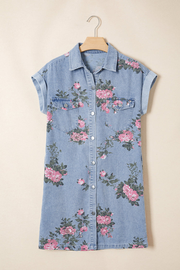 Floral Denim Cuffed Sleeve Dress