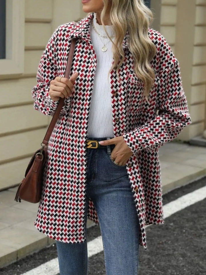 Houndstooth Longline Coat | Button-Up Long Sleeve Jacket