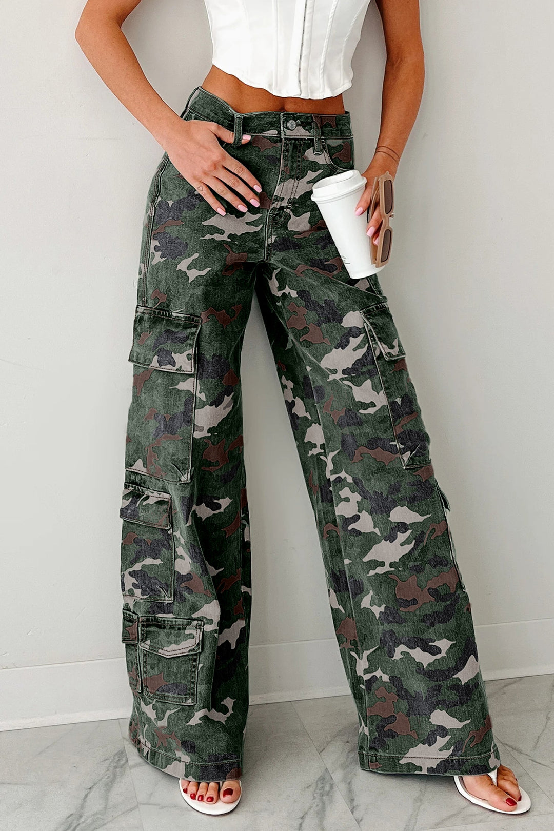 Camo Denim Cargo Wide Leg Pants