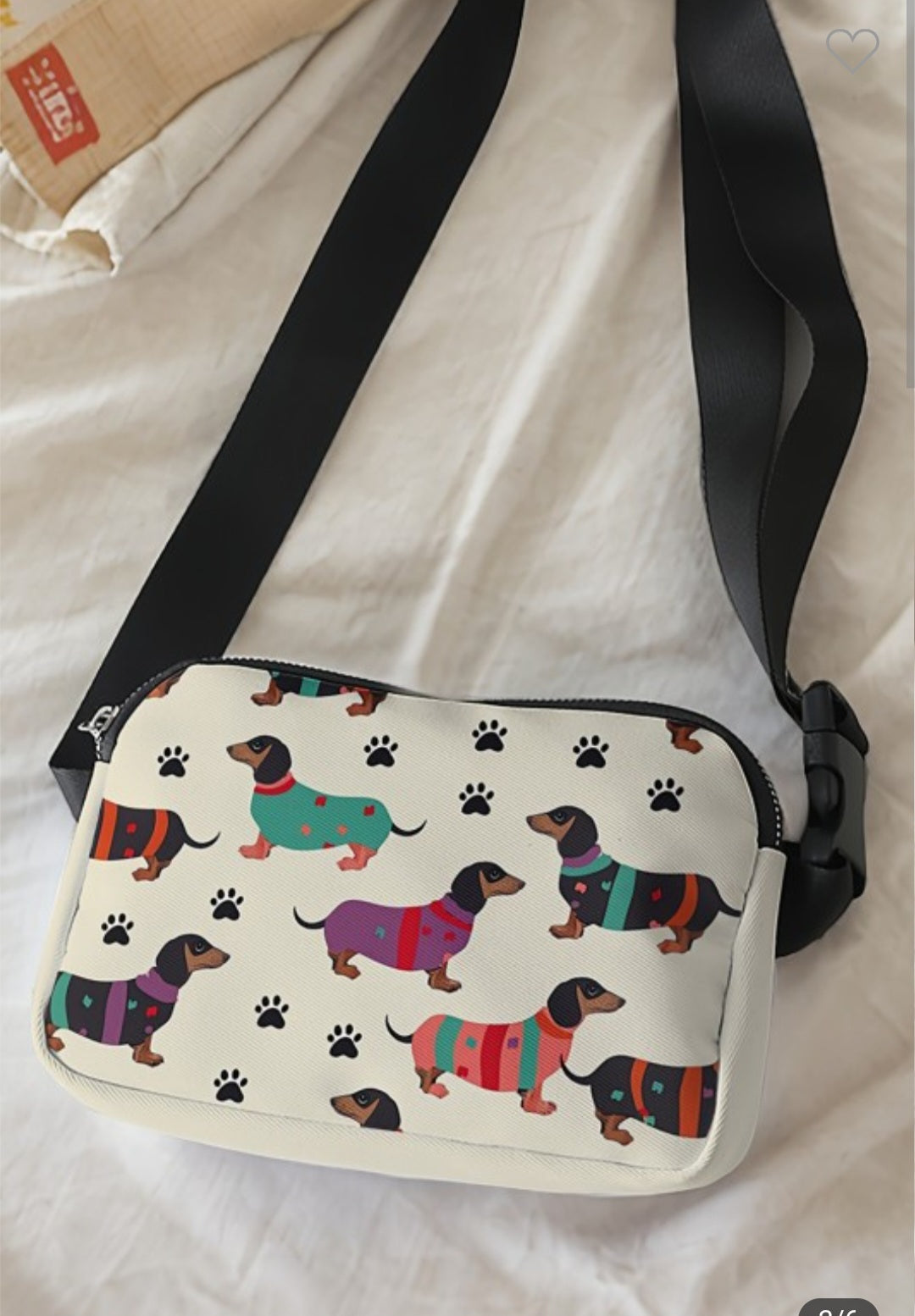 Dachshund Print Crossbody Bag - Dog Lover Zip Closure Purse with Adjustable Strap