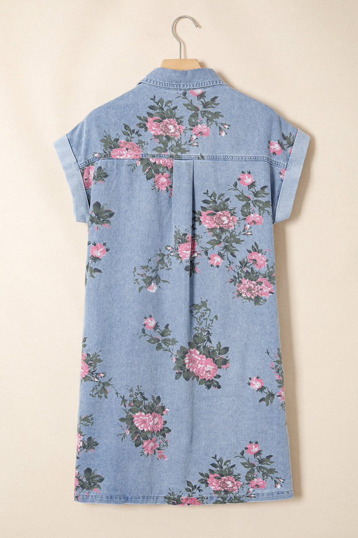 Floral Denim Cuffed Sleeve Dress
