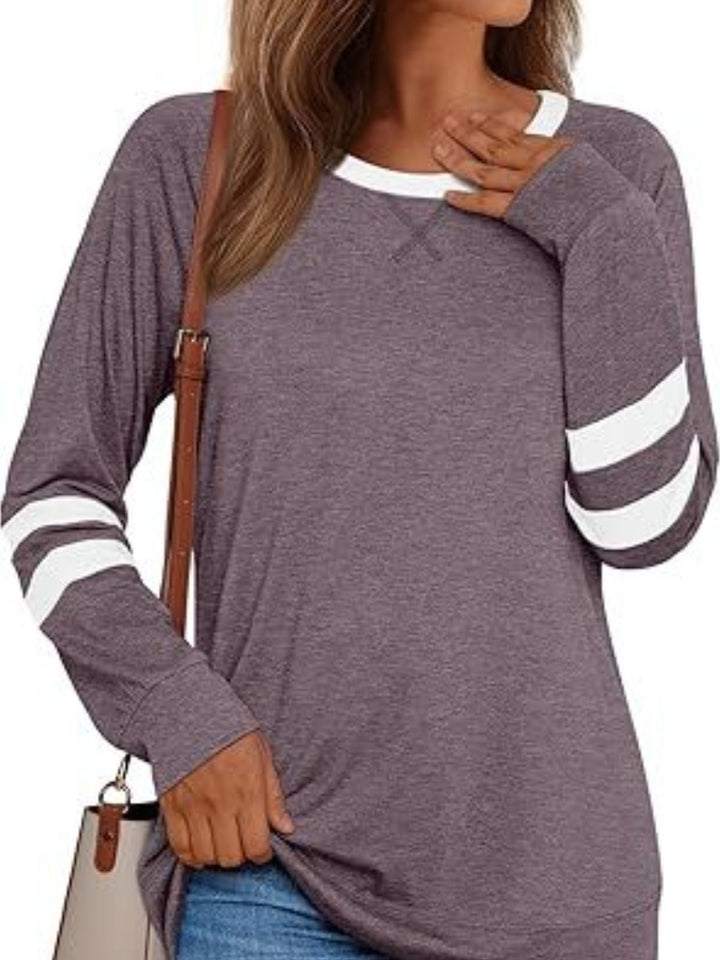 Striped Sleeve Long Sleeve Tee | Casual Round Neck Top