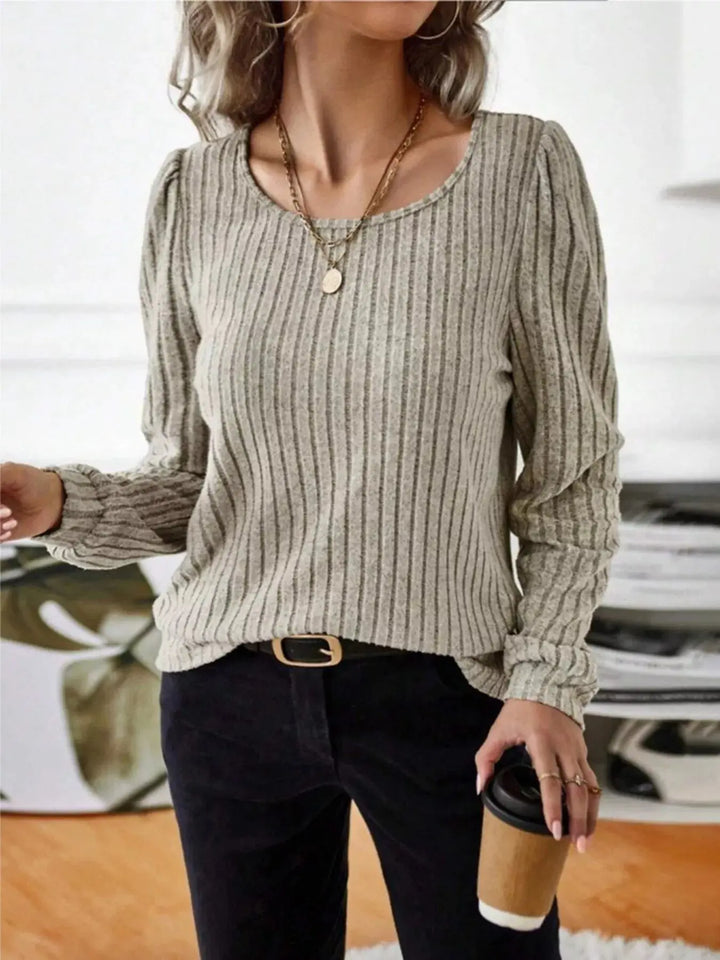 Ribbed Knit Puff Shoulder Long Sleeve Top
