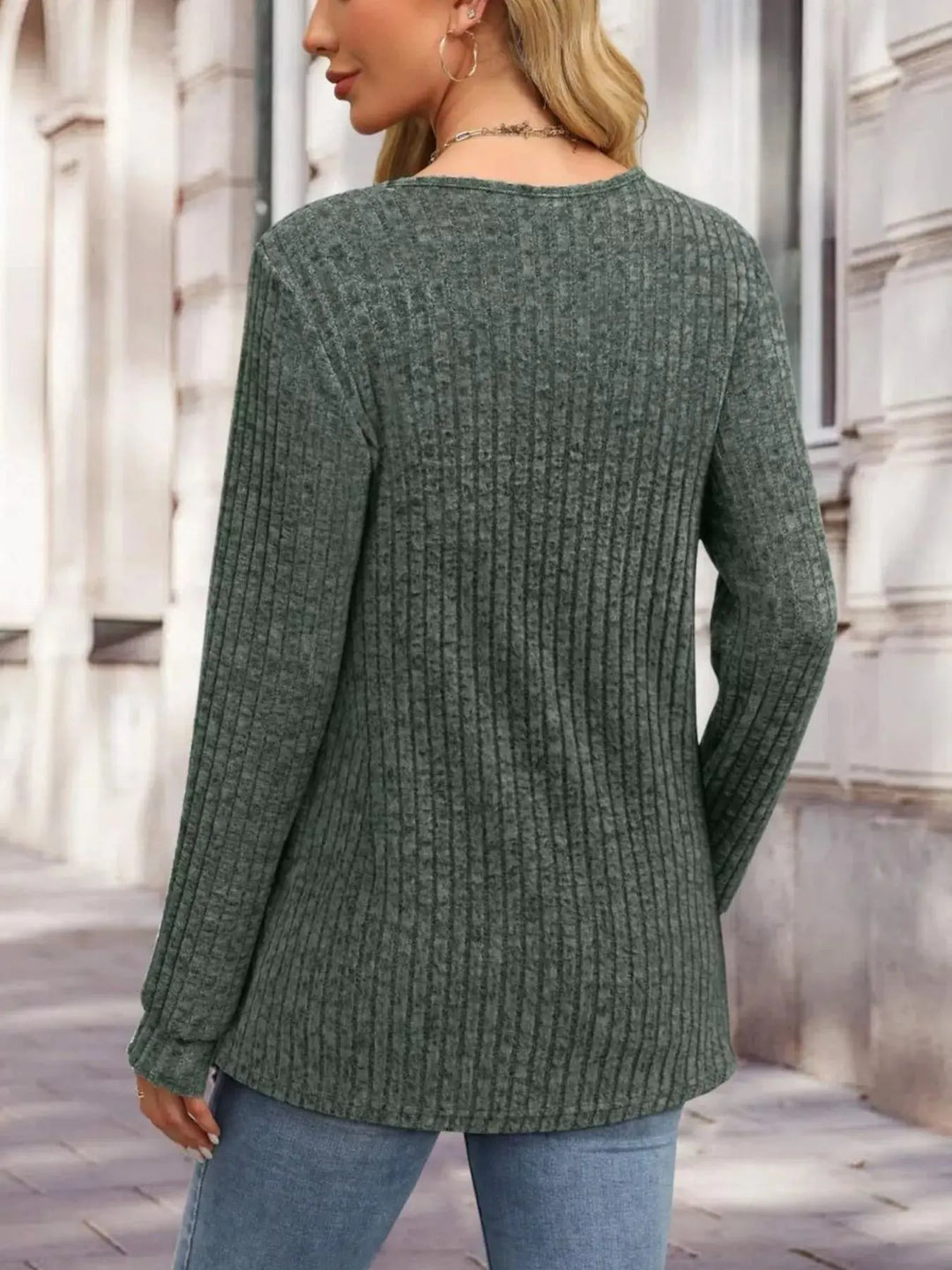 Ribbed Knit Button-Front Long Sleeve Top