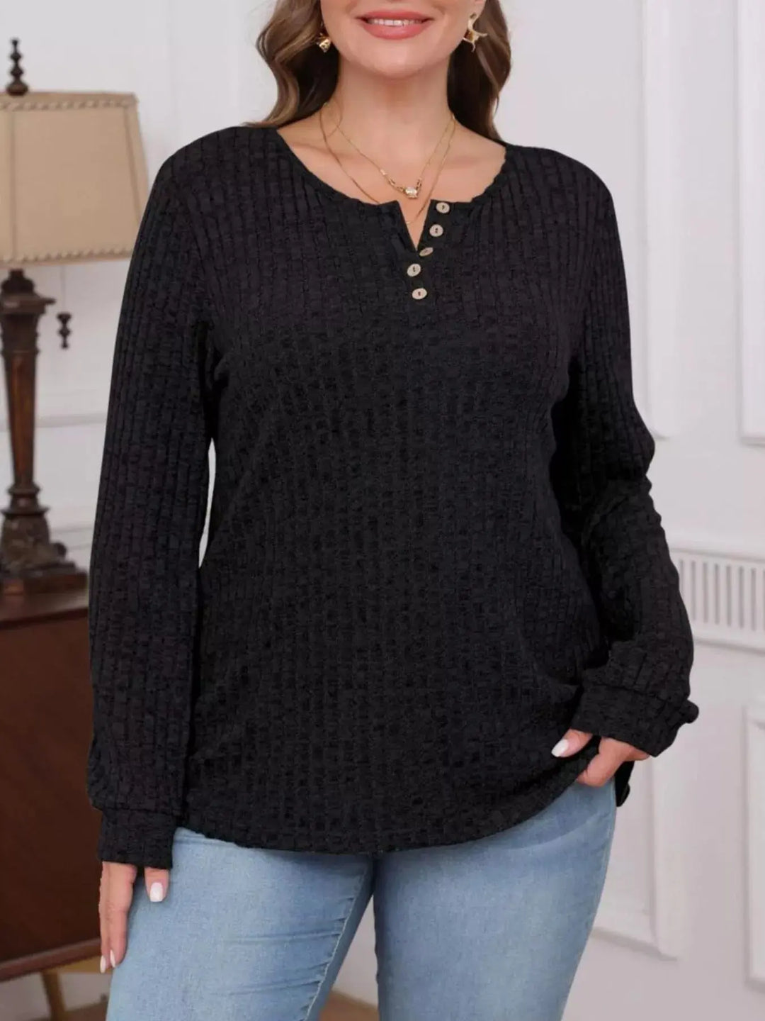 Ribbed Knit Button-Front Long Sleeve Top