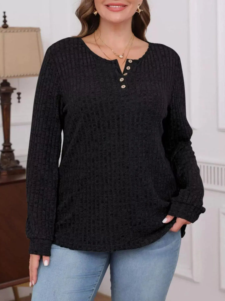 Ribbed Knit Button-Front Long Sleeve Top