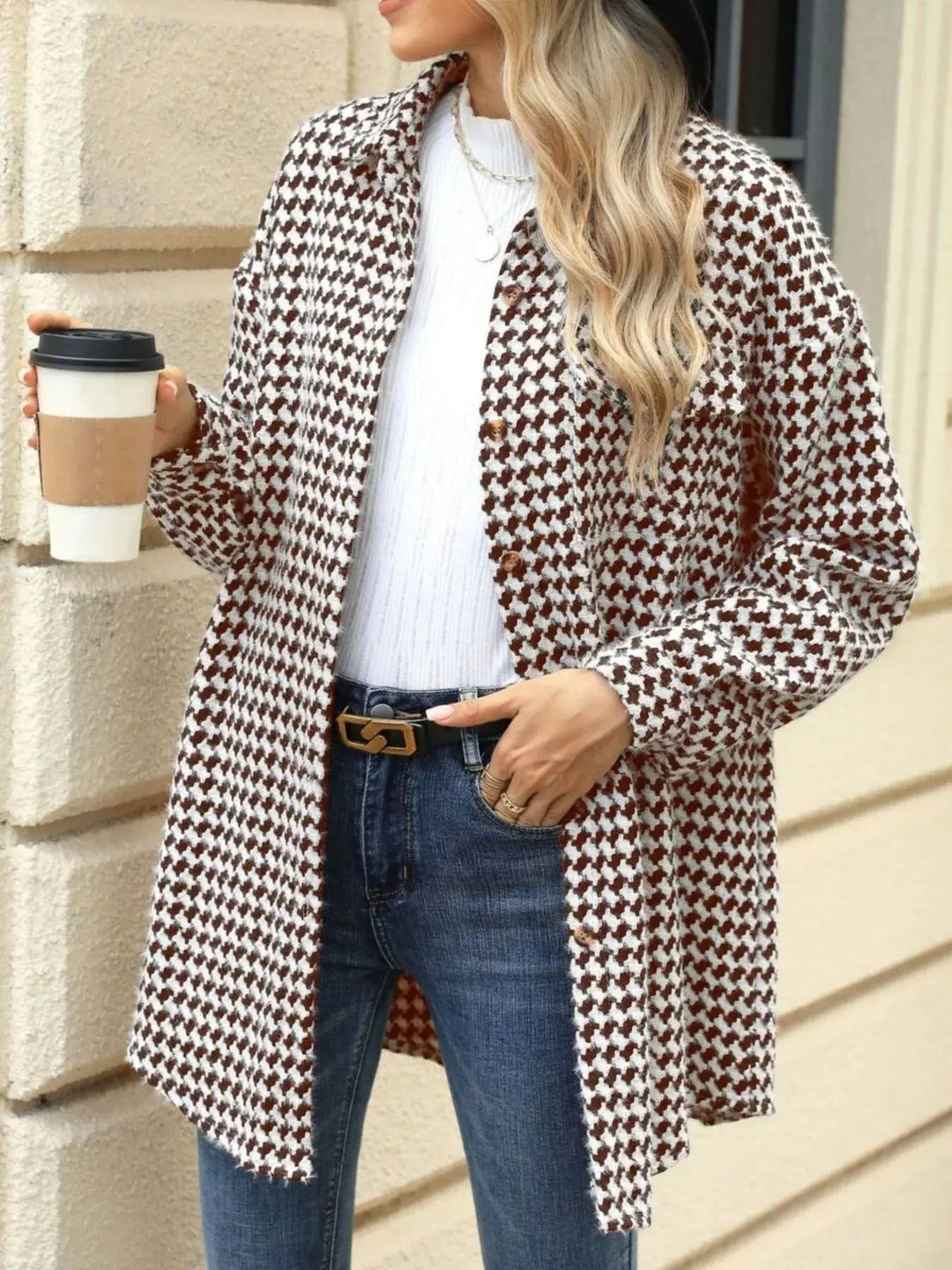 Houndstooth Longline Coat | Button-Up Long Sleeve Jacket