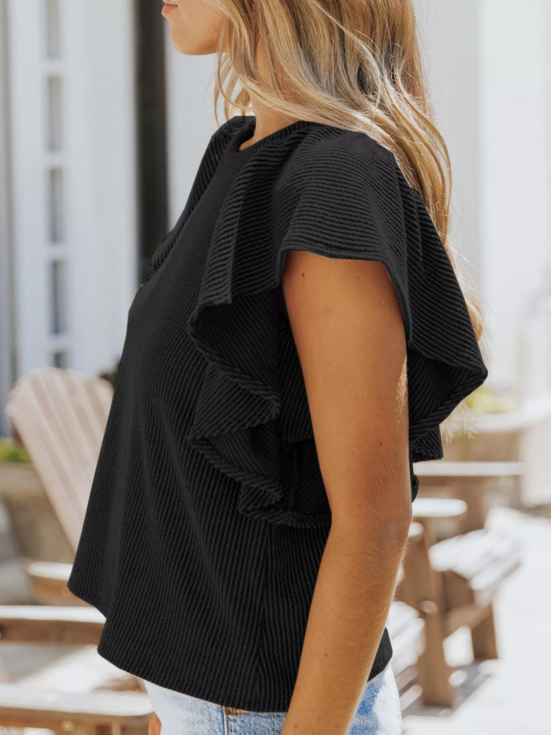 Ruffled Sleeve Ribbed Knit Tee