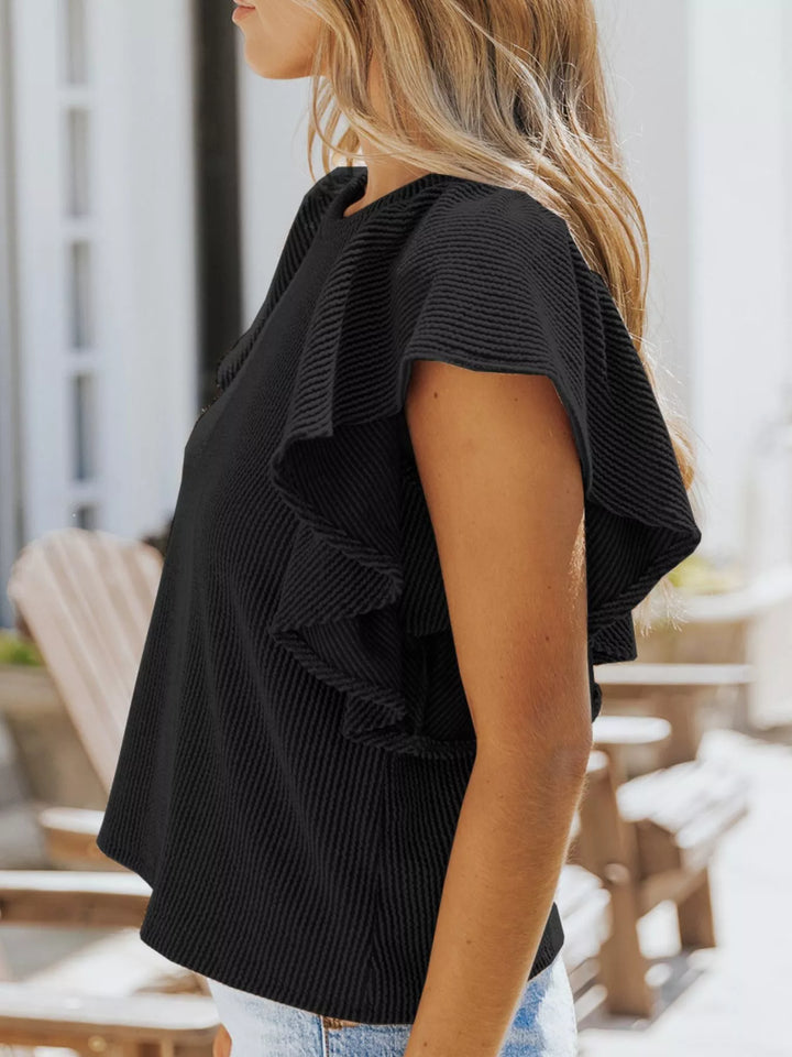 Ruffled Sleeve Ribbed Knit Tee