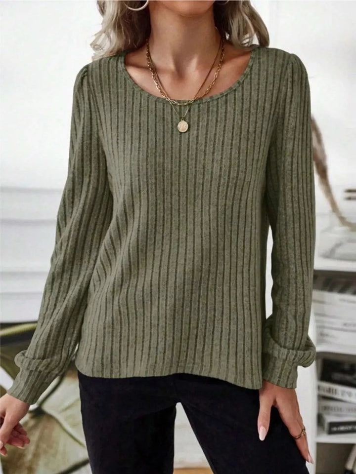Ribbed Knit Puff Shoulder Long Sleeve Top