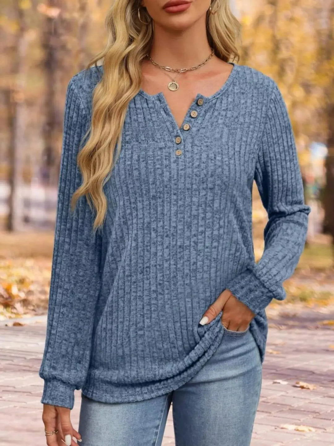 Ribbed Knit Button-Front Long Sleeve Top
