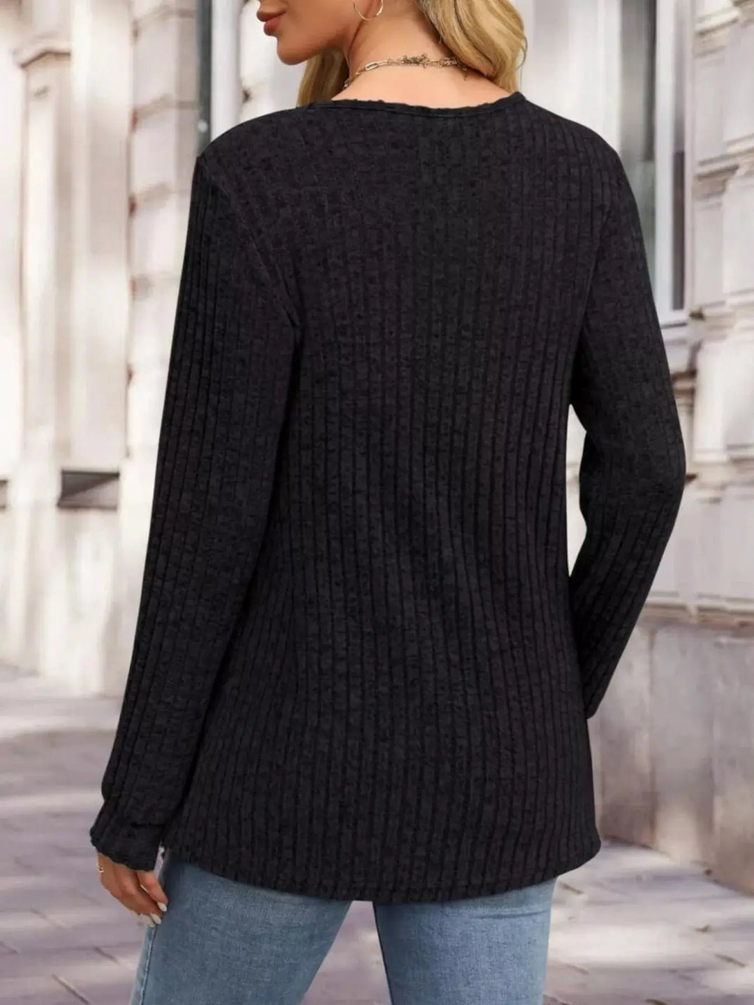 Ribbed Knit Button-Front Long Sleeve Top