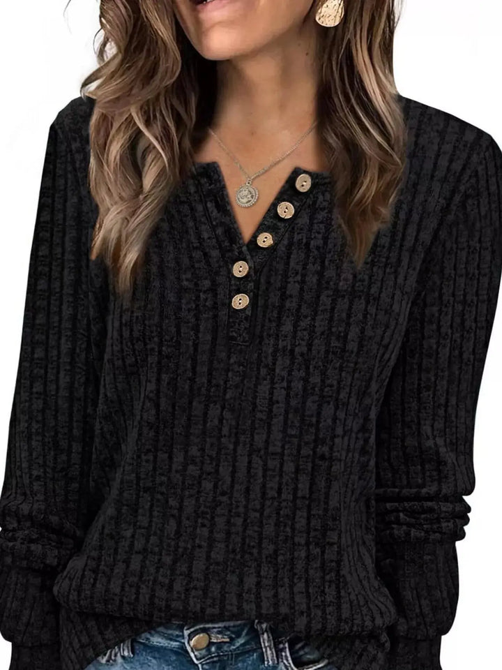 Ribbed Knit Button-Front Long Sleeve Top