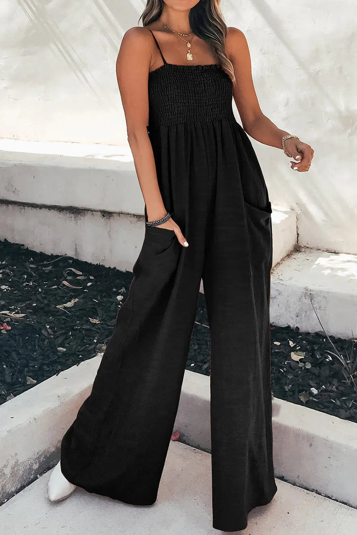 Smocked Spaghetti Strap Wide-Leg Jumpsuit