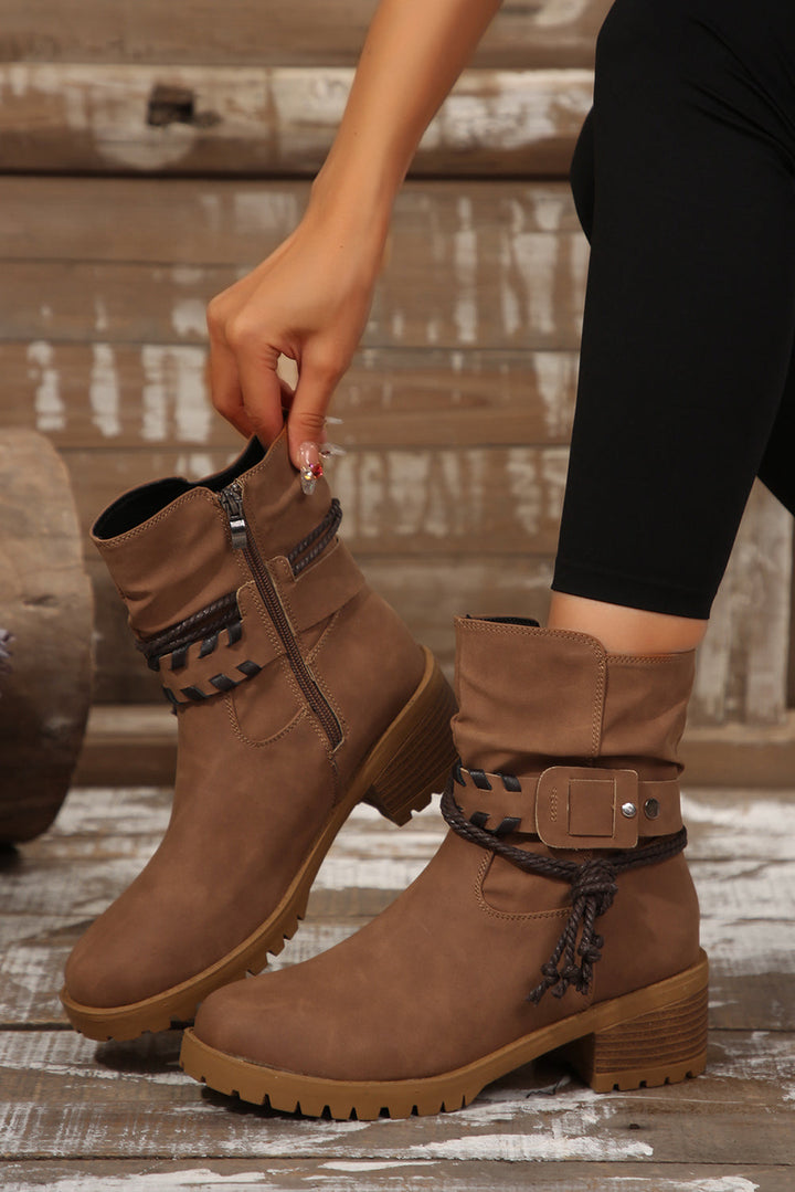 Mila Woven Strap Side-Zip Suede Boots