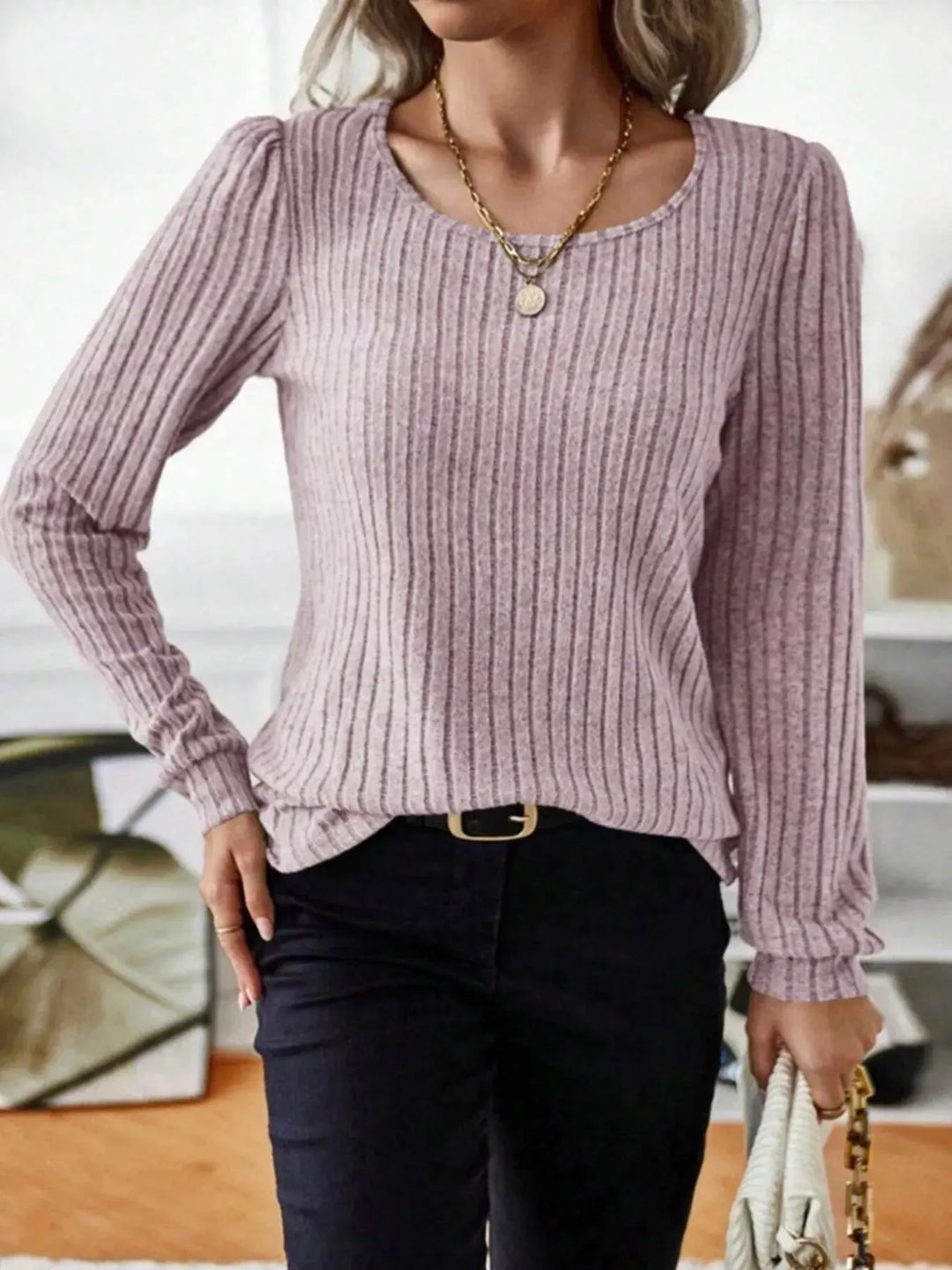 Ribbed Knit Puff Shoulder Long Sleeve Top